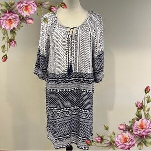 Tanzara Navy and White geometric print loose fit mini Dress size‎ large
